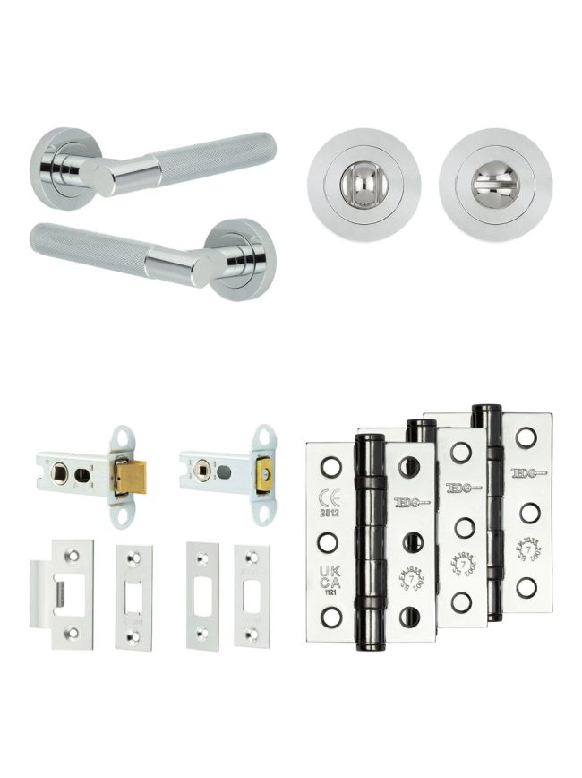 Complete Bari Door Handle Pack - Heavy Duty Tubular Bathroom (Standard Thumb Turn) - Polished Chrome - 64mm / 3-inch Hinges - JE-D30B3-PC