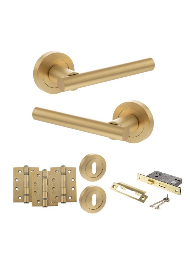 STATUS Nebraska Door Handle Pack (3 Lever Lock Set - 2.5" CE Sashlock, 4" Fire Rated Hinges x3) - Satin Brass
