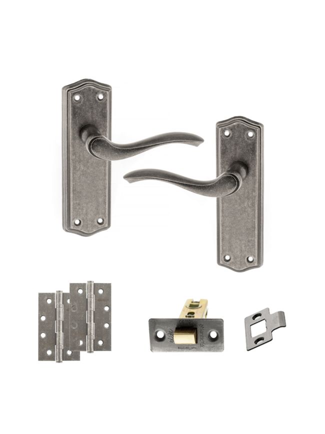 Old English Warwick Door Handle Pack (Latch Set - 2.5" CE Latch, 4" Slim Knuckle Hinges x2) - Distressed Silver