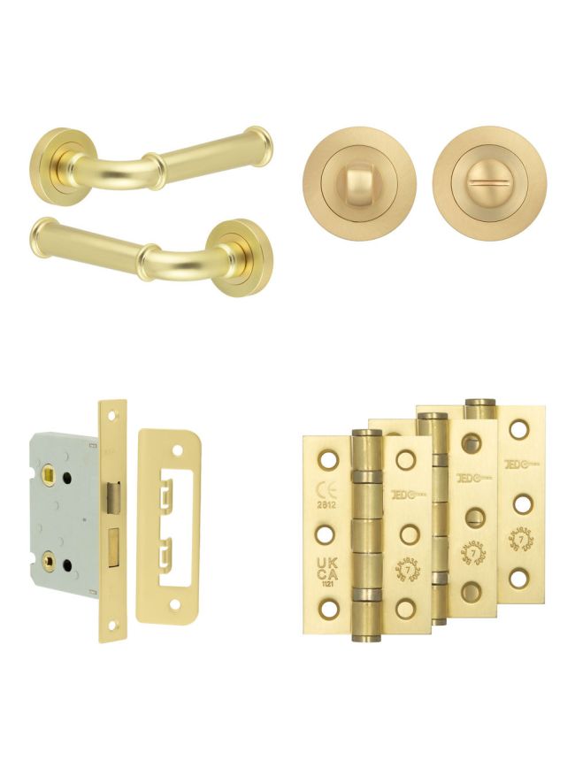 Complete Classic Door Handle Pack - Bathroom Lock (Standard Thumb Turn) - Satin Brass - 76mm / 3-inch Hinges - JE-A6B3-SB