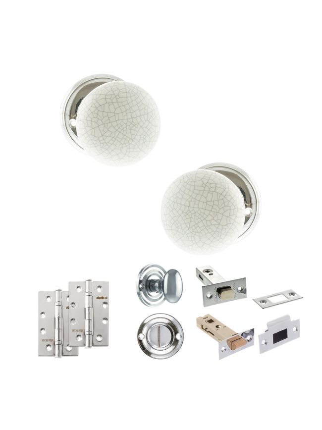 Old English Skipton Door Knob Pack (Bathroom Set - 3" Deadbolt, 4" Slim Knuckle Hinges x2) - Polished Chrome
