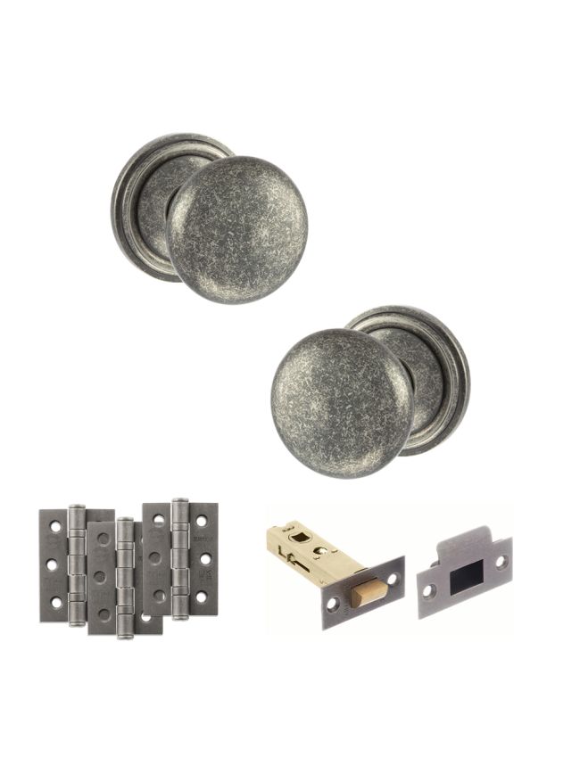 Old English Harrogate Door Knob Pack (Latch Set - 3" HD Latch, 3" Fire Rated Hinges x3) - Distressed Silver