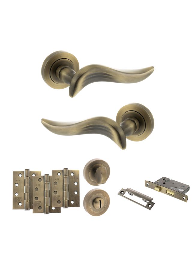 Old English Oxford Door Handle Pack (Bathroom Set - 2.5" CE Bathroom Lock, 4" Fire Rated Hinges x3) - Matt Antique Brass