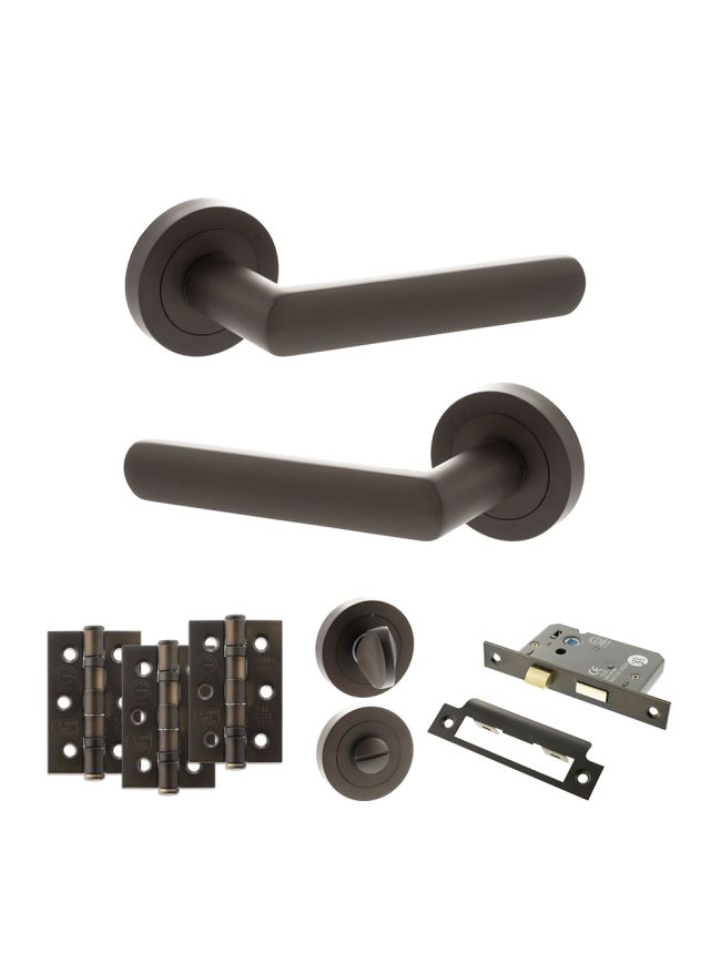 STATUS Carolina Door Handle Pack (Bathroom Set - 3" CE Bathroom Lock, 3" Fire Rated Hinges x3) - Urban Dark Bronze