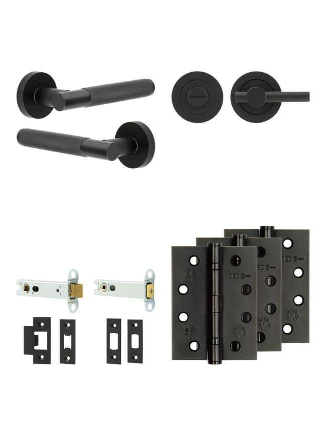 Complete Bari Door Handle Pack - Heavy Duty Tubular Bathroom (Plain Thumb Turn) - Matt Black - 102mm / 4-inch Hinges - JE-D32A2-MB