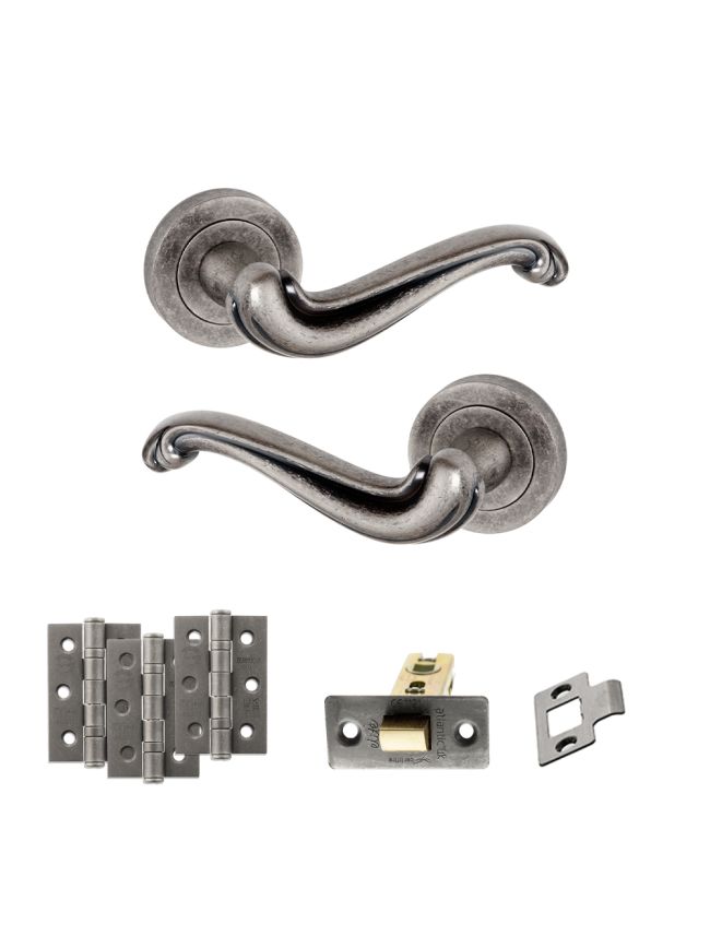 Old English Colchester Door Handle Pack (Latch Set - 2.5" CE Latch, 3" Fire Rated Hinges x3) - Distressed Silver