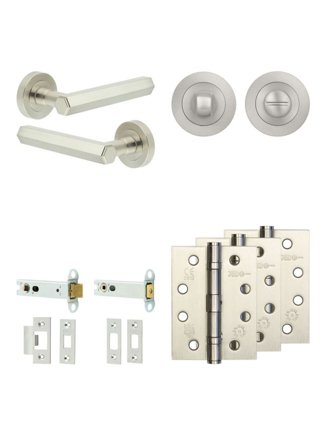 Complete Hex Door Handle Pack - Heavy Duty Tubular Bathroom (Standard Thumb Turn) - Satin Nickel - 102mm / 4-inch Hinges - JE-C32A3-SN