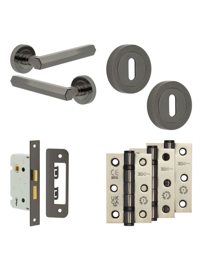 Complete Hex Door Handle Pack - Sashlock - Black Nickel - 65mm / 3-inch Hinges - JE-C7B8-BN