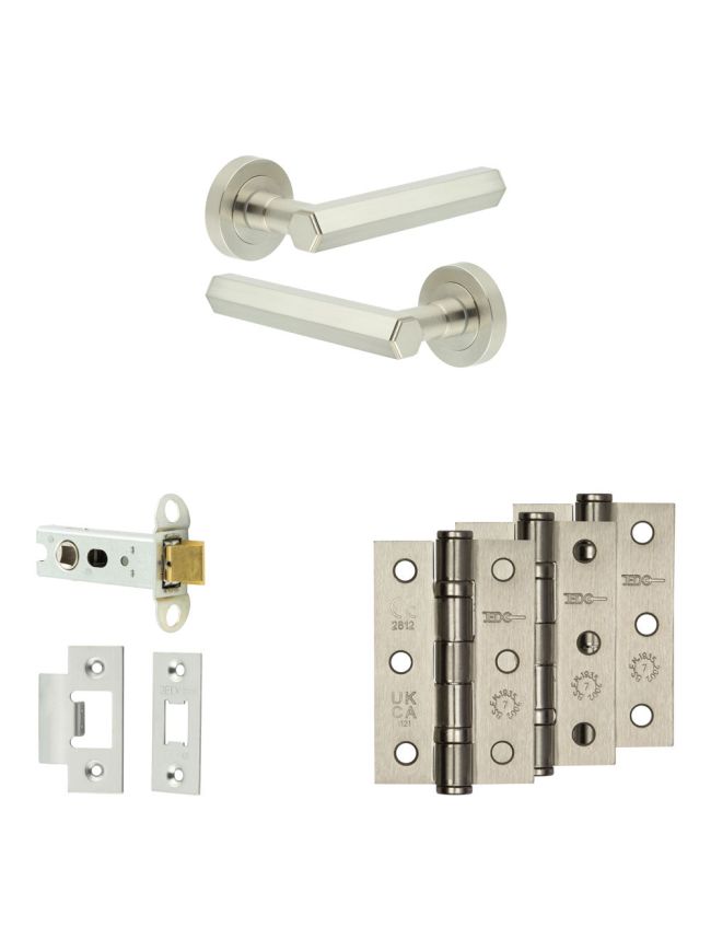 Complete Hex Door Handle Pack - Heavy Duty Latch - Satin Nickel - 76mm / 3-inch Hinges - JE-C21B-SN