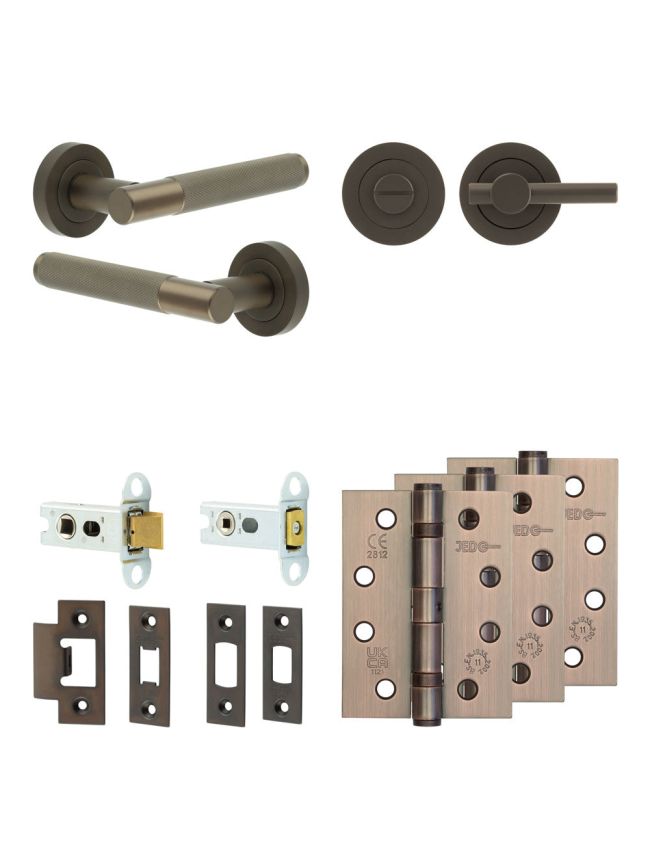 Complete Bari Door Handle Pack - Heavy Duty Tubular Bathroom (Plain Thumb Turn) - Dark Bronze - 64mm / 4-inch Hinges - JE-D30A2-DB