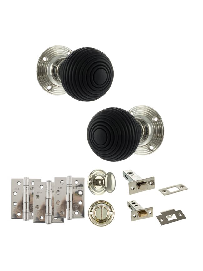 Old English Whitby Door Knob Pack (Bathroom Set - 4" Deadbolt, 4" Fire Rated Hinges x3) - Polished Nickel