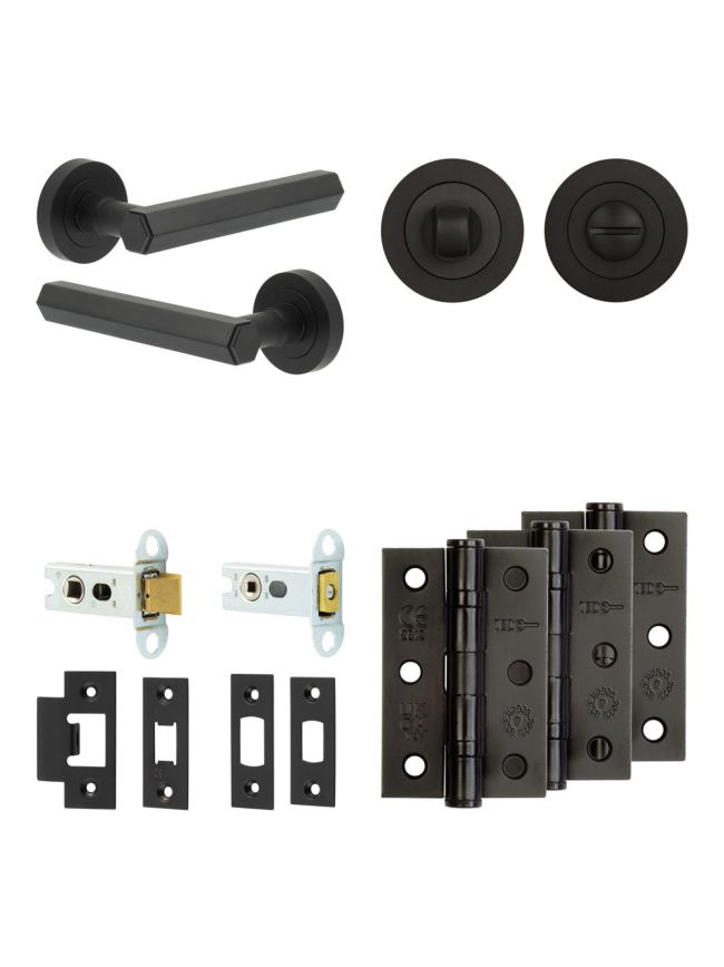 Complete Hex Door Handle Pack - Heavy Duty Tubular Bathroom (Standard Thumb Turn) - Matt Black - 64mm / 3-inch Hinges - JE-C30B3-MB