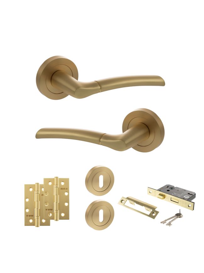 STATUS Indiana Door Handle Pack (3 Lever Lock Set - 3" CE Sashlock, 4" Slim Knuckle Hinges x2) - Satin Brass