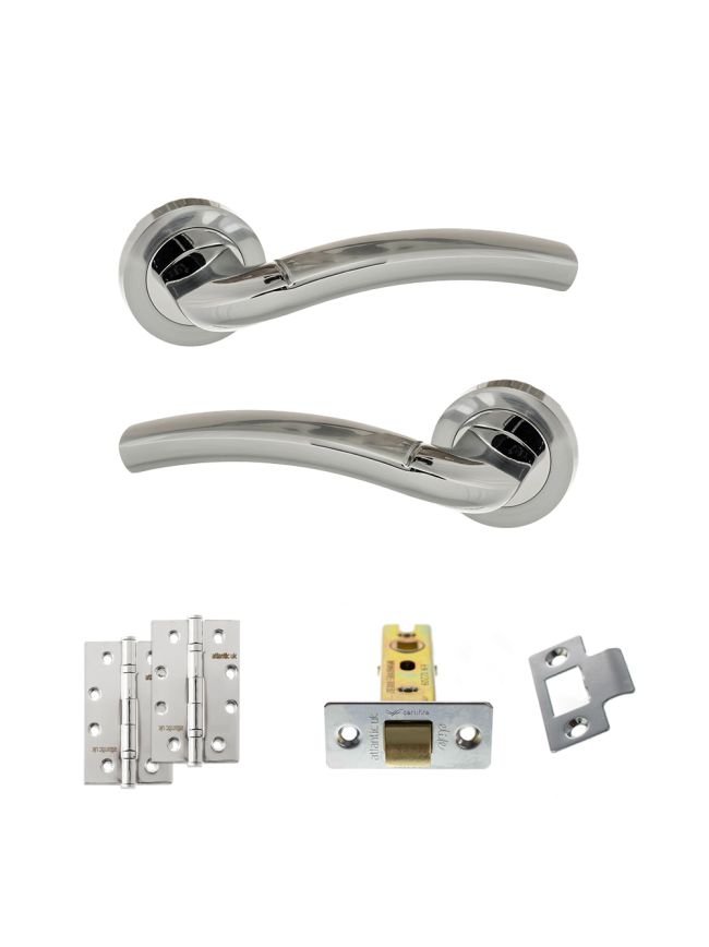 Eco Crest Door Handle Pack (Latch Set - 3" CE Latch, 4" Slim Knuckle Hinges x2) - Satin Chrome/Polished Chrome