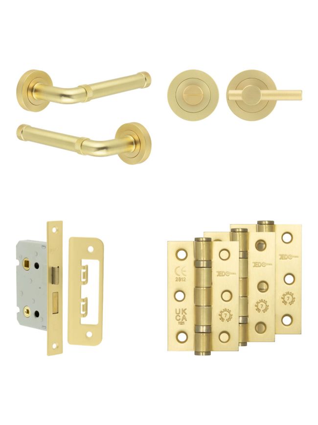 Complete Midtown Door Handle Pack - Bathroom Lock (Knurled Thumb Turn) - Satin Brass - 65mm / 3-inch Hinges - JE-G5B1-SB