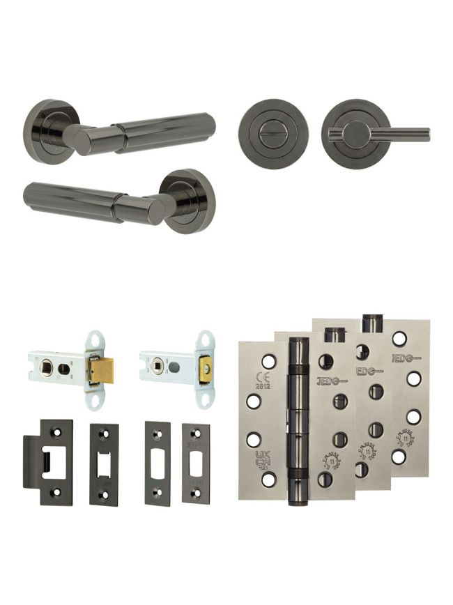 Complete Bloom Door Handle Pack - Heavy Duty Tubular Bathroom (Plain Thumb Turn) - Black Nickel - 64mm / 4-inch Hinges - JE-B30A2-BN