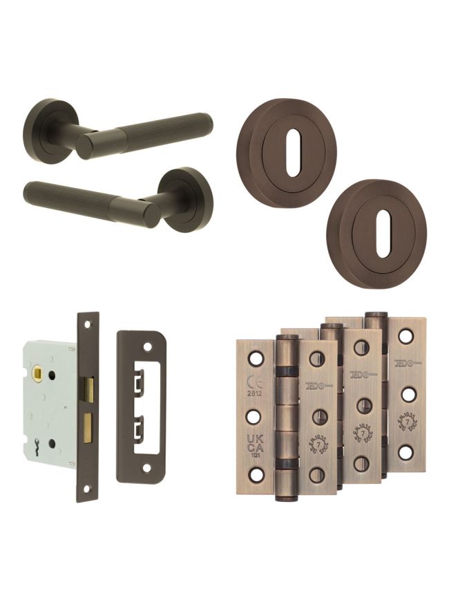 Complete Venice Door Handle Pack - Sashlock - Dark Bronze - 76mm / 3-inch Hinges - JE-F8B8-DB