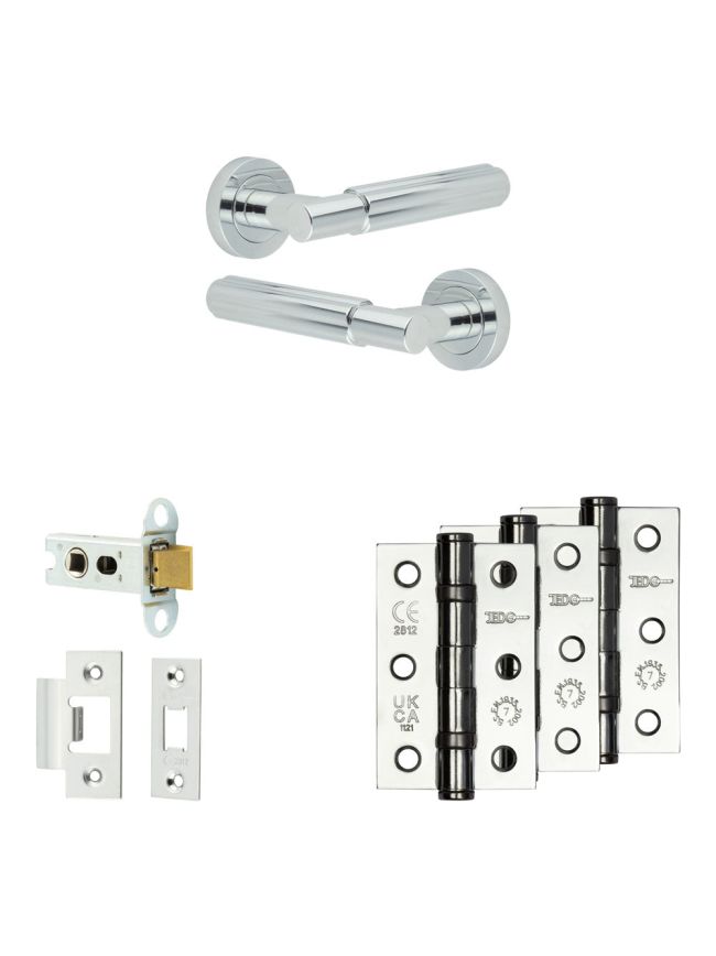 Complete Bloom Door Handle Pack - Heavy Duty Latch - Polished Chrome - 64mm / 3-inch Hinges - JE-B20B-PC