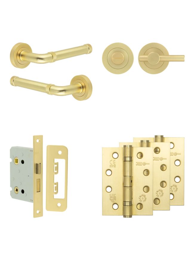 Complete Midtown Door Handle Pack - Bathroom Lock (Plain Thumb Turn) - Satin Brass - 76mm / 4-inch Hinges - JE-G6A2-SB
