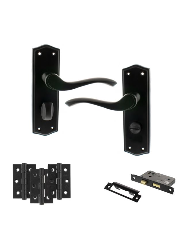 Old English Warwick Door Handle Pack (Bathroom Set - 2.5" CE Bathroom Lock, 3" Fire Rated Hinges x3) - Matt Black