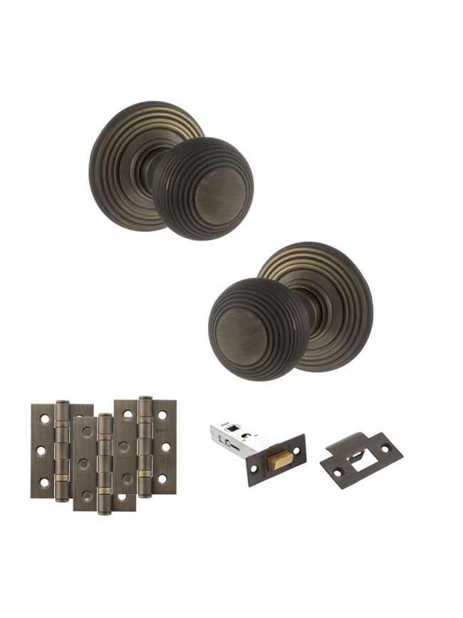 Old English Ripon Door Knob Pack (Latch Set - 4" HD Latch, 3" Fire Rated Hinges x3) - Urban Bronze