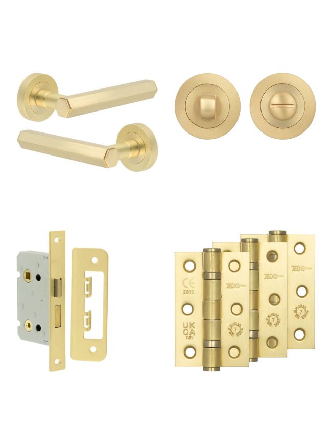 Complete Hex Door Handle Pack - Bathroom Lock (Standard Thumb Turn) - Satin Brass - 65mm / 3-inch Hinges - JE-C5B3-SB
