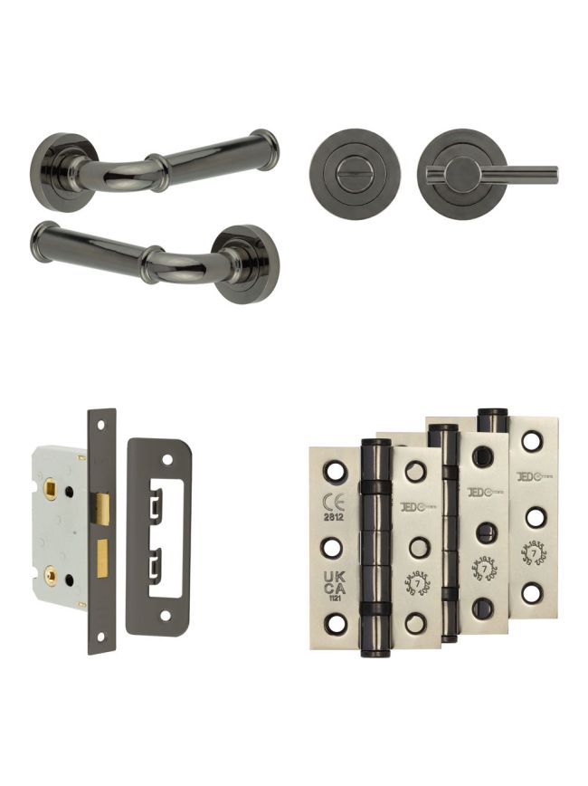 Complete Classic Door Handle Pack - Bathroom Lock (Plain Thumb Turn) - Black Nickel - 65mm / 3-inch Hinges - JE-A5B2-BN