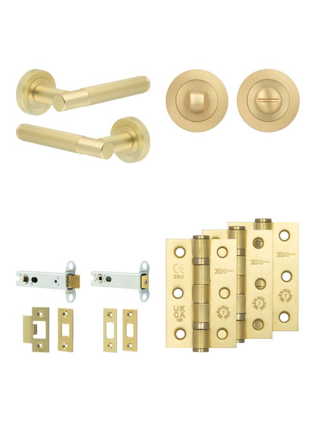 Complete Venice Door Handle Pack - Heavy Duty Tubular Bathroom (Standard Thumb Turn) - Satin Brass - 102mm / 3-inch Hinges - JE-F32B3-SB
