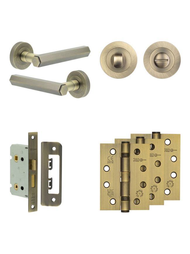 Complete Hex Door Handle Pack - Bathroom - Antique Brass - By Frelan Hardware - JE-C5A3-AB