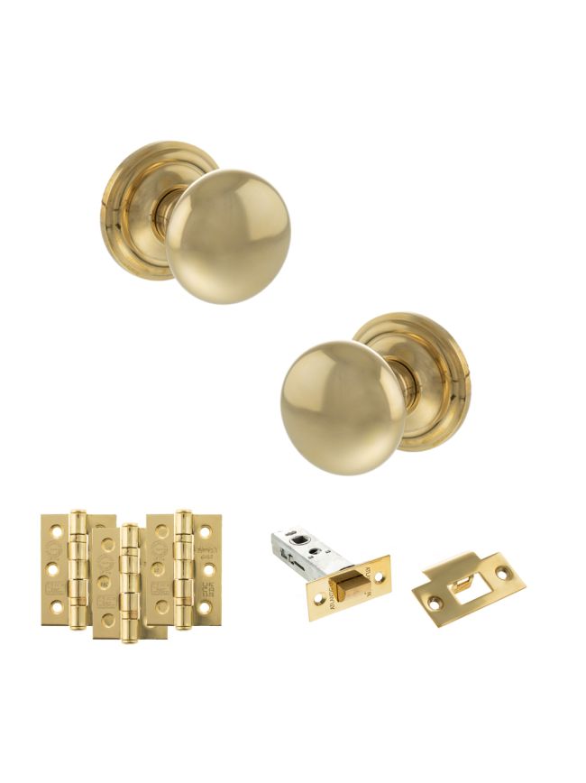 Old English Harrogate Door Knob Pack (Latch Set - 4" HD Latch, 3" Fire Rated Hinges x3) - Raw Brass