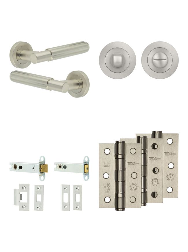 Complete Bloom Door Handle Pack - Heavy Duty Tubular Bathroom (Standard Thumb Turn) - Satin Nickel - 102mm / 3-inch Hinges - JE-B32B3-SN