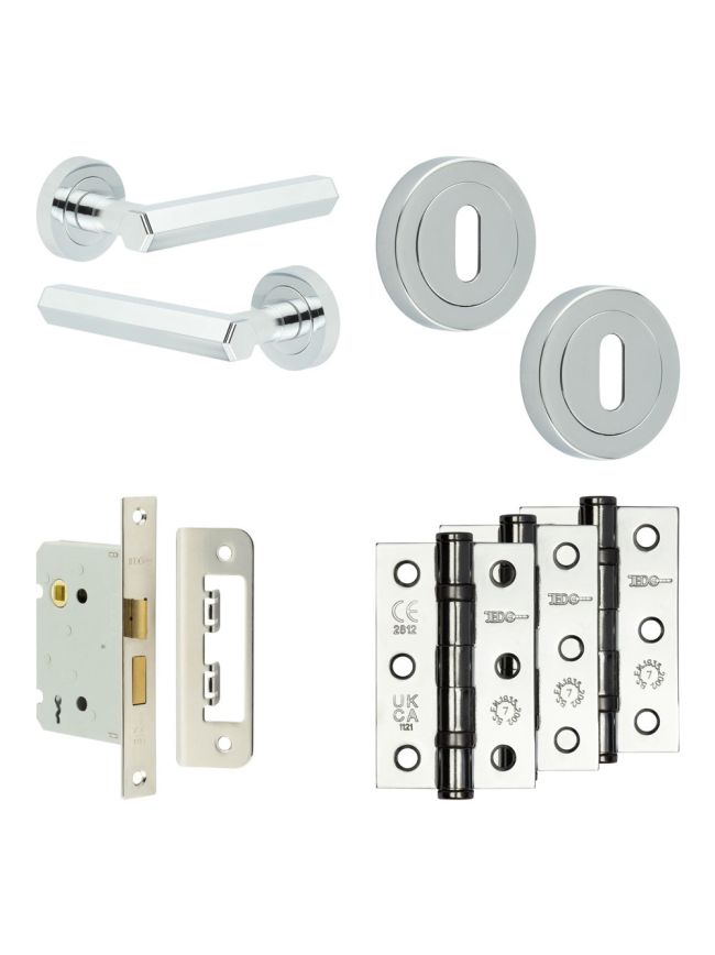 Complete Hex Door Handle Pack - Sashlock - Polished Chrome - 76mm / 3-inch Hinges - JE-C8B8-PC