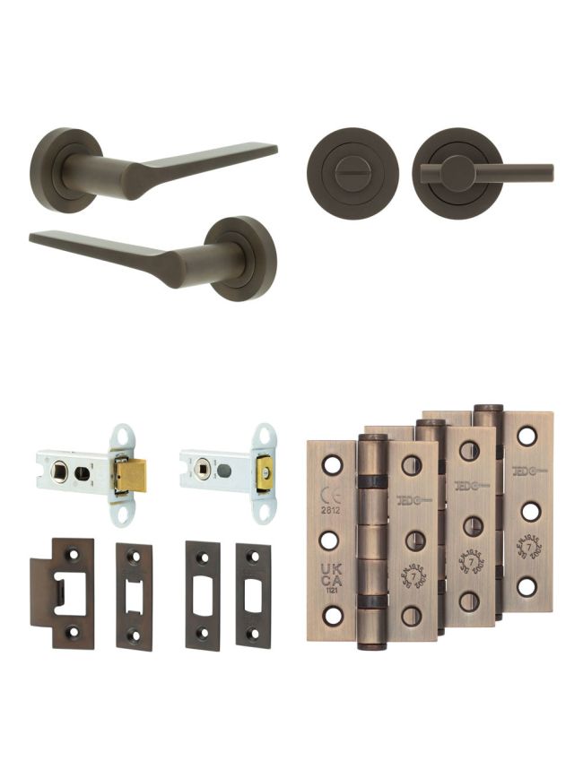 Complete Gio Door Handle Pack - Heavy Duty Tubular Bathroom (Plain Thumb Turn) - Dark Bronze - 64mm / 3-inch Hinges - JE-E30B2-DB