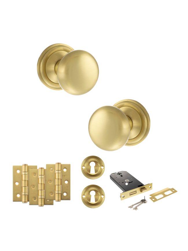 Old English Harrogate Door Knob Pack (Lock Set - Horizontal Sashlock, 3" Fire Rated Hinges x3) - Satin Brass