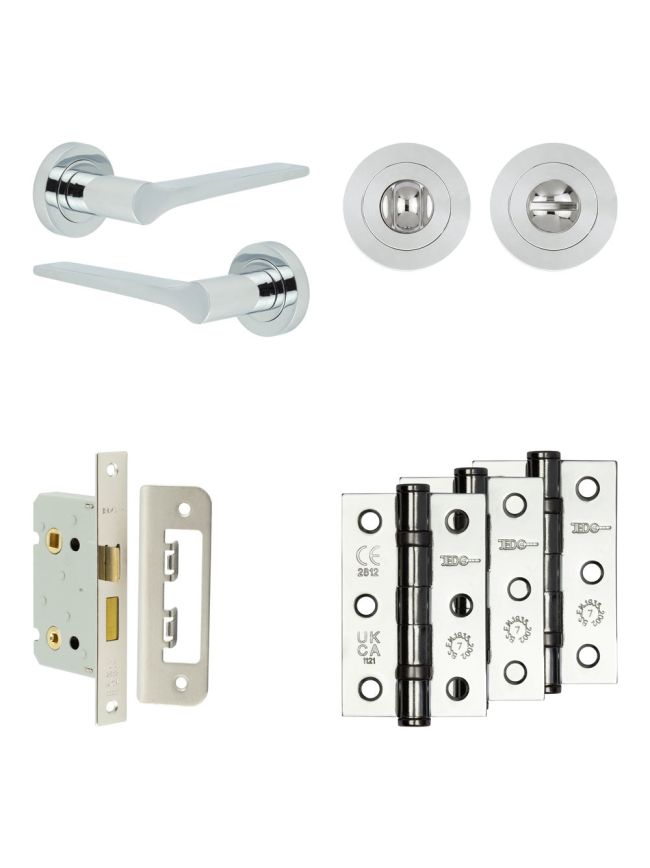 Complete Gio Door Handle Pack - Bathroom Lock (Standard Thumb Turn) - Polished Chrome - 65mm / 3-inch Hinges - JE-E5B3-PC