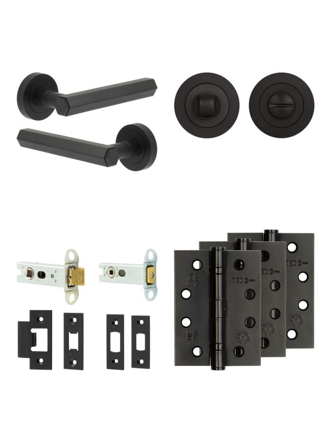 Complete Hex Door Handle Pack - Heavy Duty Tubular Bathroom (Standard Thumb Turn) - Matt Black - 76mm / 4-inch Hinges - JE-C31A3-MB