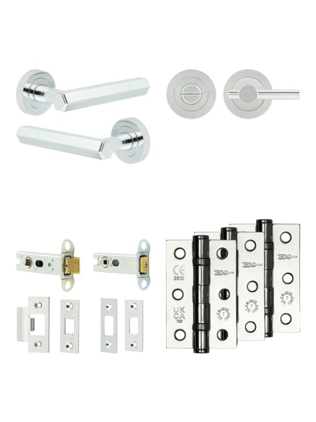 Complete Hex Door Handle Pack - Heavy Duty Tubular Bathroom (Plain Thumb Turn) - Polished Chrome - 76mm / 3-inch Hinges - JE-C31B2-PC