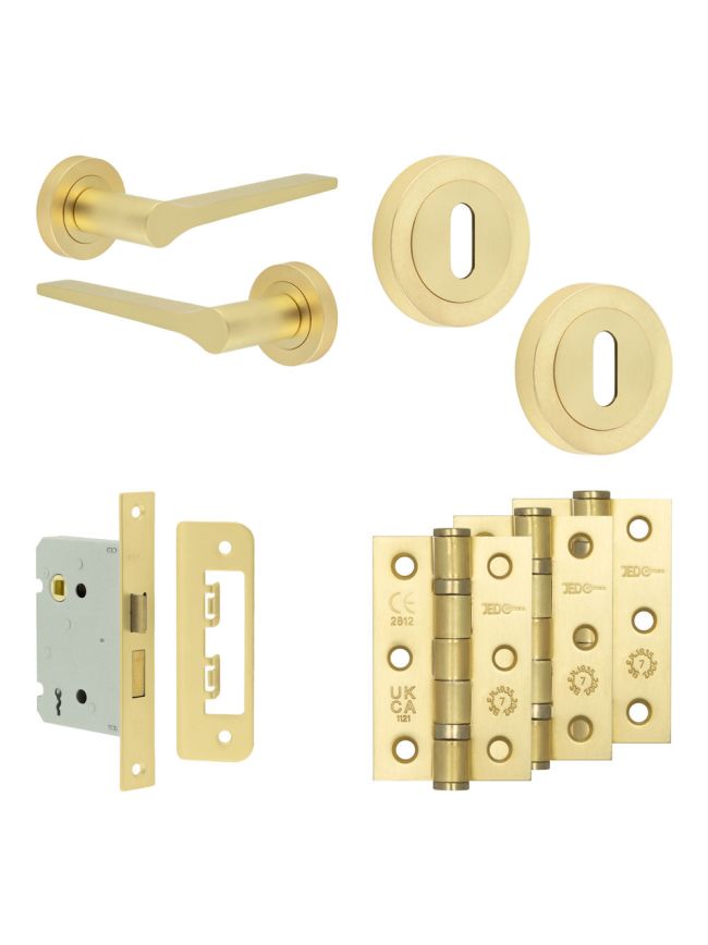 Complete Gio Door Handle Pack - Sashlock - Satin Brass - 76mm / 3-inch Hinges - JE-E8B8-SB