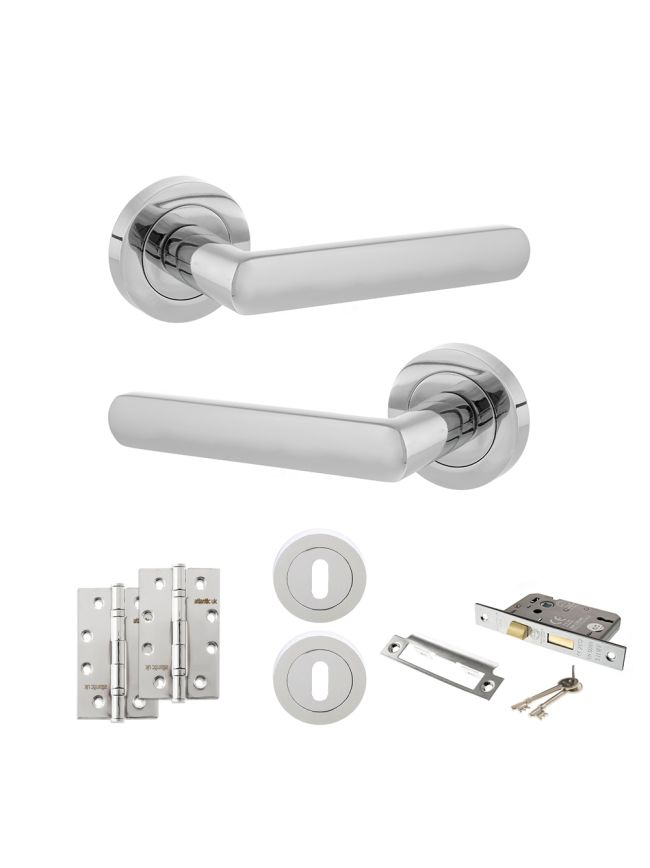 STATUS Carolina Door Handle Pack (3 Lever Lock Set - 2.5" CE Sashlock, 4" Slim Knuckle Hinges x2) - Polished Chrome