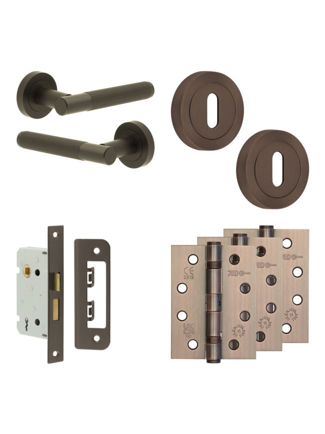 Complete Venice Door Handle Pack - Sashlock - Dark Bronze - 65mm / 4-inch Hinges - JE-F7A8-DB