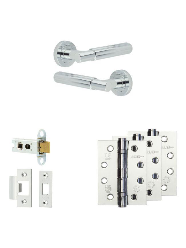 Complete Bloom Door Handle Pack - Heavy Duty Latch - Polished Chrome - 64mm / 4-inch Hinges - JE-B20A-PC