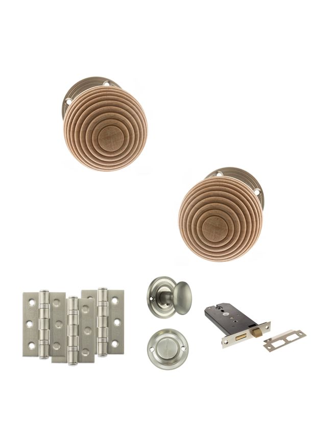 Old English Bridlington Door Knob Pack (Lock Set - Horizontal Bathlock, 3" Fire Rated Hinges x3) - Satin Nickel