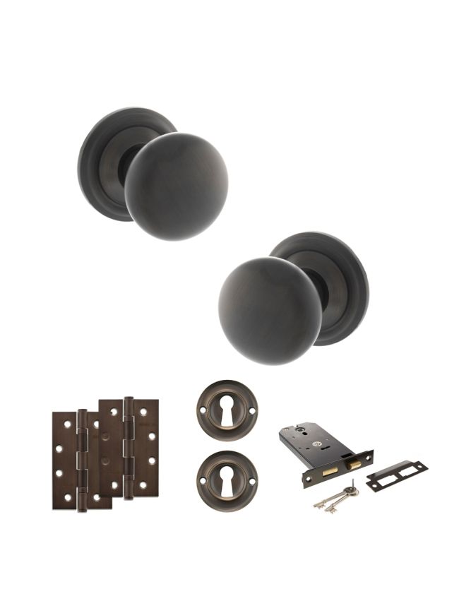 Old English Harrogate Door Knob Pack (Lock Set - Horizontal Sashlock, 4" Slim Knuckle Hinges x2) - Urban Dark Bronze