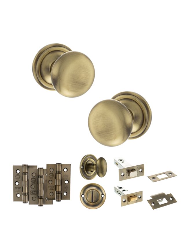 Old English Harrogate Door Knob Pack (Bathroom Set - 3" Deadbolt, 3" Fire Rated Hinges x3) - Antique Brass