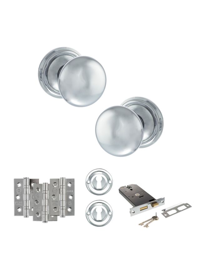 Old English Harrogate Door Knob Pack (Lock Set - Horizontal Sashlock, 3" Fire Rated Hinges x3) - Polished Chrome