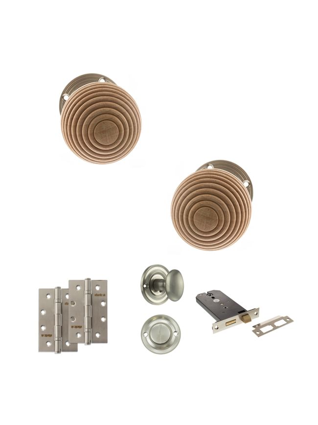 Old English Bridlington Door Knob Pack (Lock Set - Horizontal Bathlock, 4" Slim Knuckle Hinges x2) - Satin Nickel