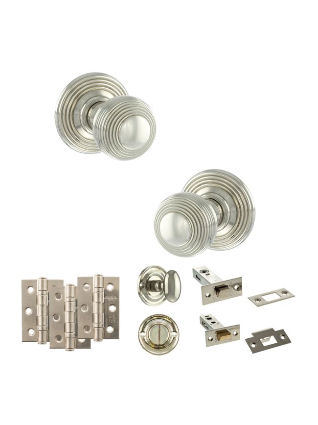 Old English Ripon Door Knob Pack (Bathroom Set - 4" Deadbolt, 3" Fire Rated Hinges x3) - Polished Nickel