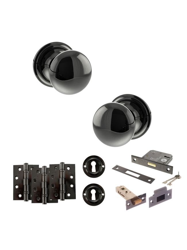 Old English Harrogate Door Knob Pack (Lock Set - 3" Latch & Deadlock, 4" Fire Rated Hinges x3) - Black Nickel