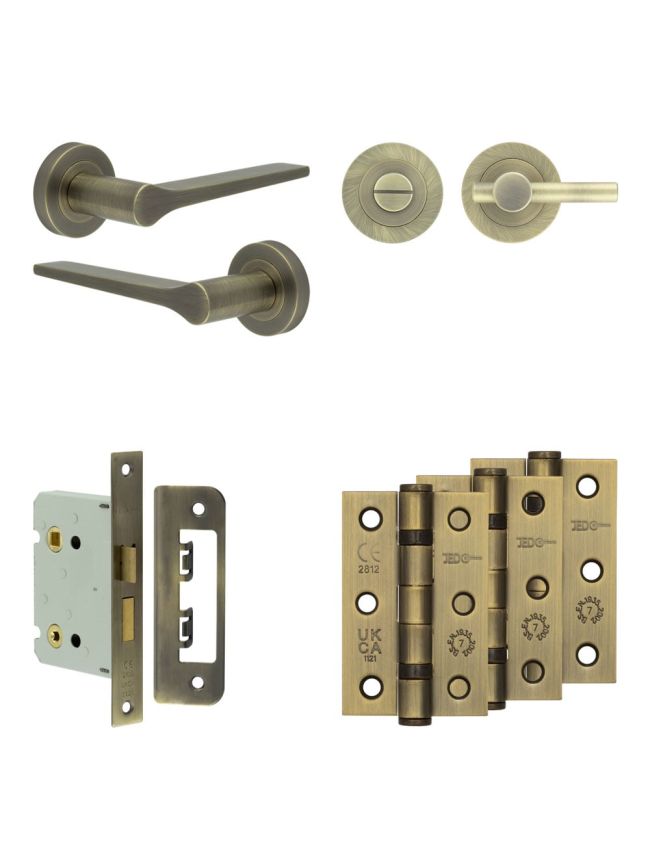 Complete Gio Door Handle Pack - Bathroom - Antique Brass - By Frelan Hardware - JE-E6B2-AB