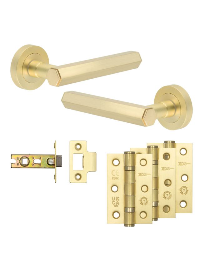 Complete Hex Door Handle Pack - Internal Doors - Satin Brass - 64mm / 3-inch Hinges - JE-C1B-SB